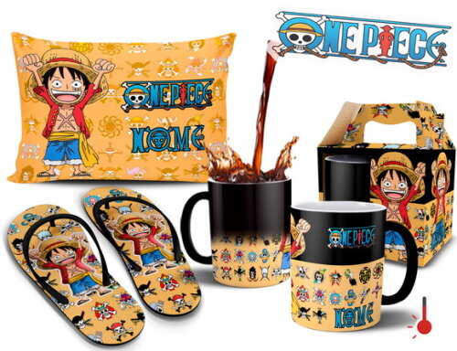 Caneca + Kit Chinelo One Piece Luffy com Nome Personalizado