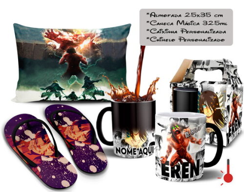 Caneca + kit Chinelo Geek Shingeki no Kyojin Eren com Nome