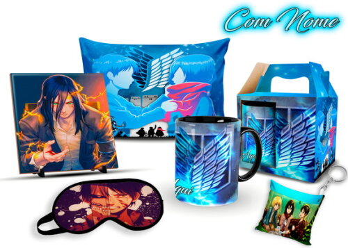 Caneca + kit Shingeki no Kyojin com nome personalizado Mod 1