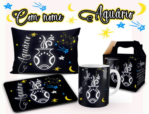 Caneca + Kit Signo Aquário Personalizada Com Nome