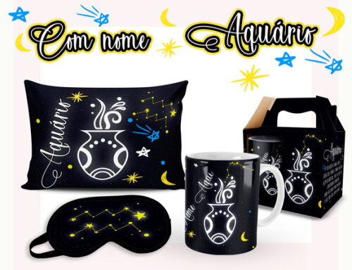 Caneca + Kit Signo Aquário Personalizada Com Nome