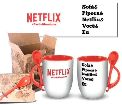 Caneca Com Colher Personalizada Netflix Frases + Caixinha