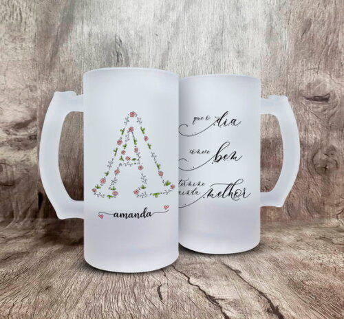 Caneca de Chopp Vidro Letra Floral Personalizada com Nome