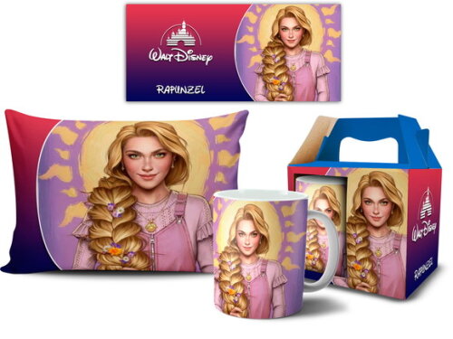Caneca E Almofada Disney Princesa Moderna Rapunzel + Caixa