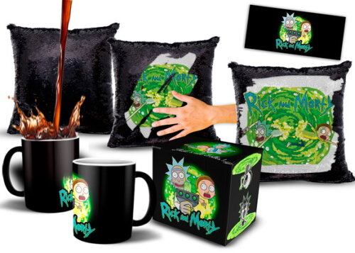 Caneca E Almofada Mágica Lantejoulas Rick e Morty Netflix