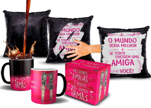 Caneca E Almofada Mágica Lantejoulas Melhores Amigas Amizade