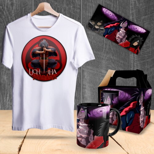 Caneca e Camisa Uchiha Madara Naruto Shippuden + Caixinha
