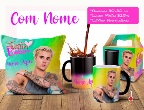 Caneca Mágica + Almofada Justin Bieber com Nome
