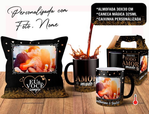 Caneca Mágica + Almofada Presente Namorados Eu & Vc com Foto