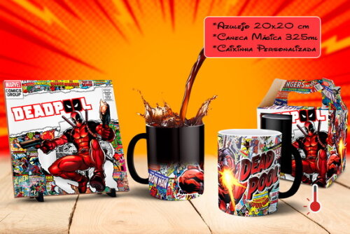 Caneca Mágica + Azulejo Personalizado Deadpool Marvel