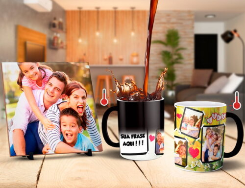 Caneca Mágica + Azulejo Personalizado Família com Fotos