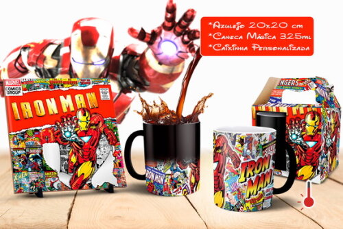 Caneca Mágica + Azulejo Personalizado Homem de Ferro Marvel