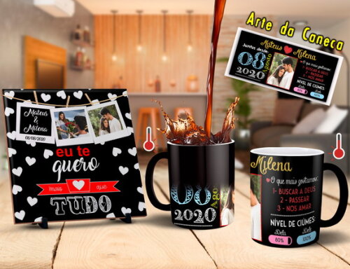 Caneca Mágica + Azulejo Personalizado Namorados Casal Noivos