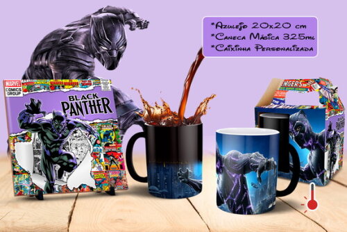 Caneca Mágica + Azulejo Personalizado Pantera Negra Marvel