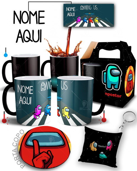 Caneca Mágica + kit Among Us com Nome - Mod 001