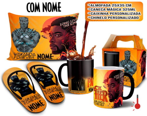 Caneca Mágica + Kit Chinelo Pantera Negra com Nome