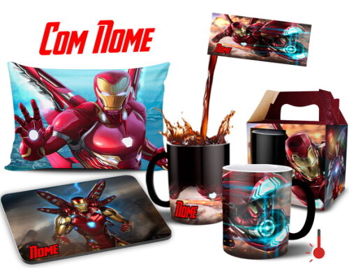 Caneca Mágica + Kit Homem de Ferro Vingadores com Nome
