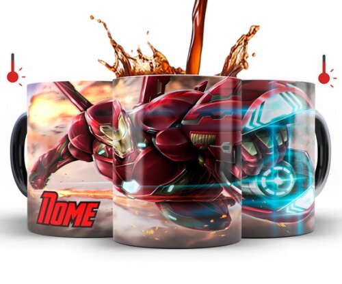 Caneca Mágica + Kit Homem de Ferro Vingadores com Nome