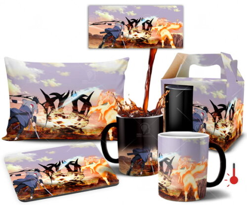 Caneca Mágica + Kit Naruto e Sasuke vs Bijuu Dez Caudas