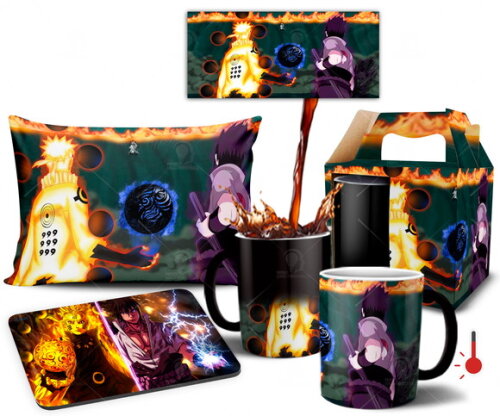Caneca Mágica + Kit Naruto e Sasuke vs Uchiha Madara