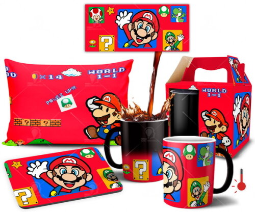 Caneca Mágica + Kit personalizado Super Mário Bros Game