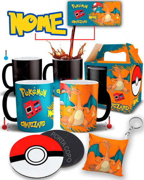 Caneca Mágica + Kit Pokémon Charizard Nome Personalizado