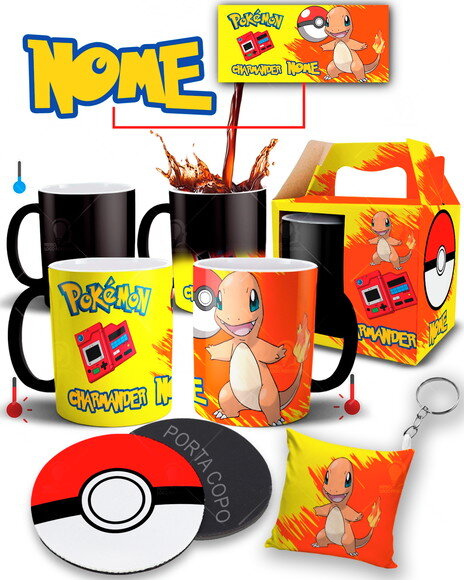 Caneca Mágica + Kit Pokémon Charmander Personalize com Nome