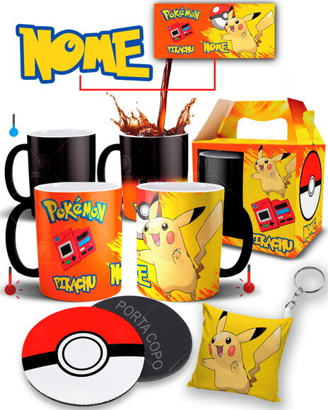 Caneca Mágica + Kit Pokémon Pikachu Nome Personalizado