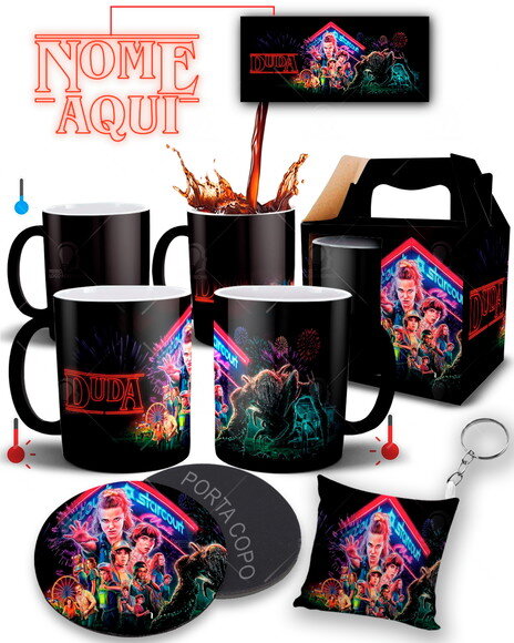 Caneca Mágica + Kit Série Stranger Things Com seu Nome