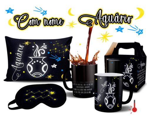 Caneca Mágica + Kit Signo Aquário Personalizada Com Nome