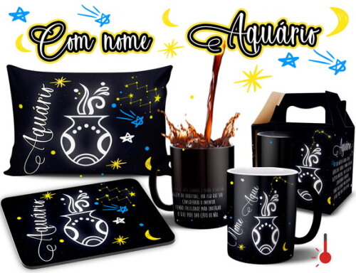 Caneca Mágica + Kit Signo Aquário Personalizada Com Nome
