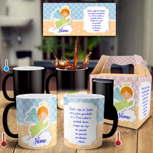 Caneca Mágica Batizado Oração do santo Anjo Nome + Caixinha