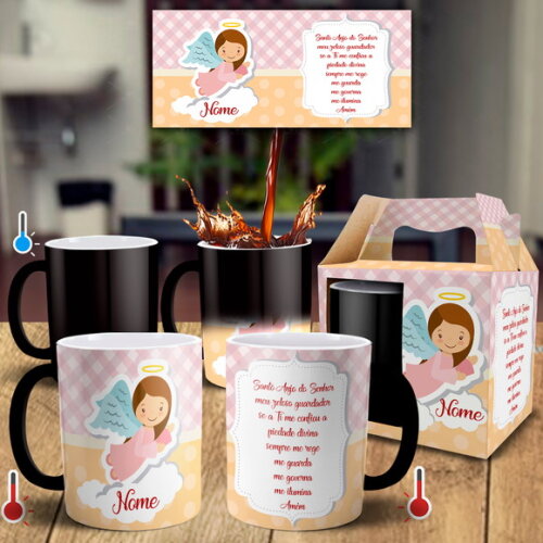 Caneca Mágica Batizado Oração do santo Anjo Nome + Caixinha