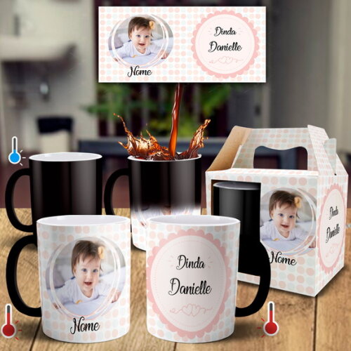 Caneca Mágica Dinda Batizado com Foto e Nomes + Caixinha