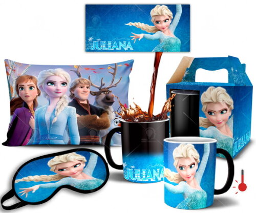 Caneca mágica e Almofada + Kit Frozen Elza Disney com Nome