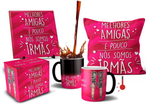 Caneca Mágica E Almofada Amizade Melhores Amigas + Caixinha