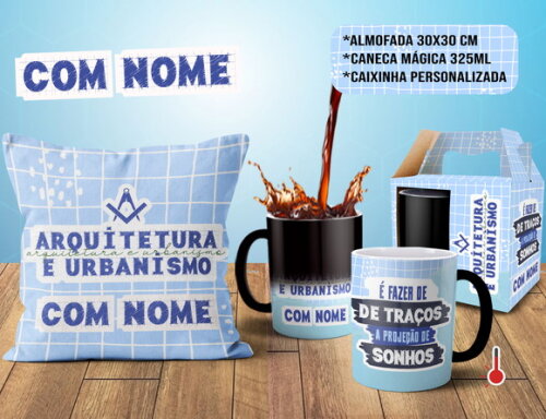 Caneca Mágica e Almofada Arquitetura e Urbanismo nome