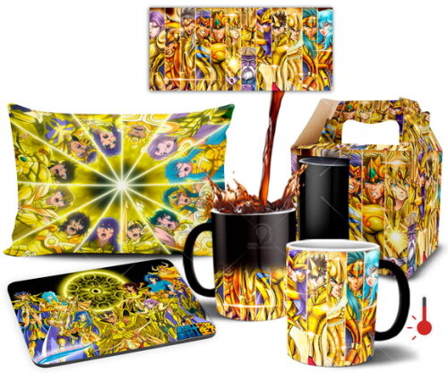 Caneca Mágica e Almofada Cavaleiros do Zodíaco Ouro Anime