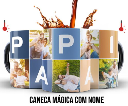 Caneca Mágica e Almofada Dia dos Pais com 5 fotos + Caixinha