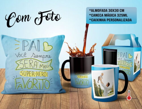 Caneca Mágica e Almofada Dia dos Pais com 1 foto + Caixinha