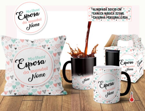 Caneca Mágica e Almofada Melhor Esposa do Mundo com Nome