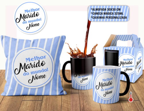 Caneca Mágica e Almofada Melhor Marido do Mundo com Nome