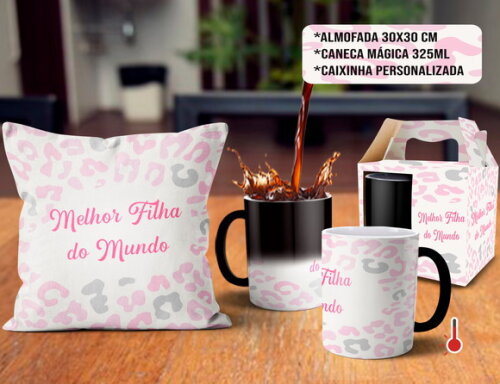 Caneca Mágica e Almofada Personalizada Melhor Filha do Mundo