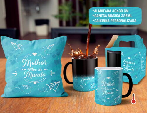 Caneca Mágica e Almofada Personalizada Melhor Filho do Mundo