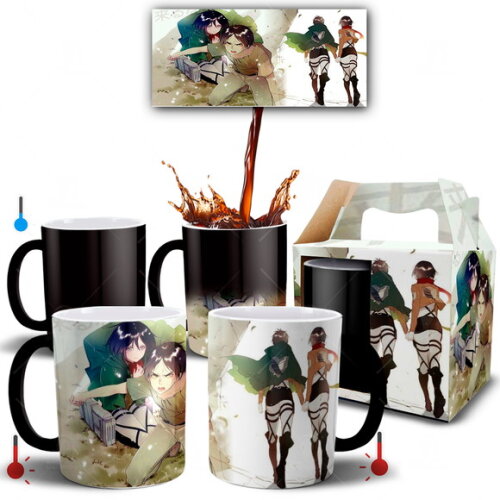Caneca Mágica Shingeki no Kyojin Mikasa e Eren + Caixinha