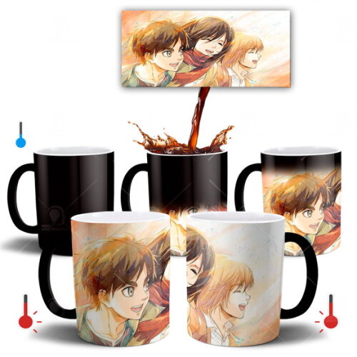 Caneca Mágica Shingeki no Kyojin Eren Mikasa Armin