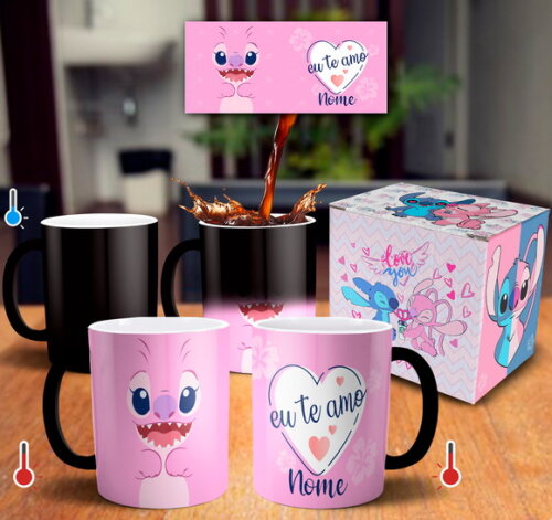Caneca Mágica Stitch Presente Namorados com Nome - Mod 001