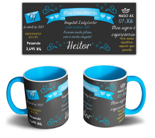 Caneca Plástico Azul Decorativa Meu Nascimento + Caixinha #1