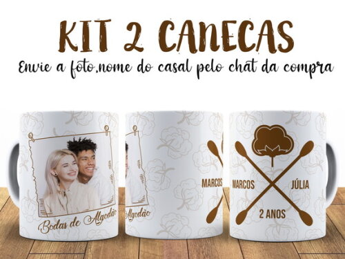Kit 2 Canecas Bodas de Algodão com foto + Caixinha
