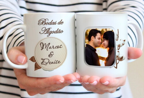 Kit 2 Canecas Bodas de Algodão com foto + Caixinha